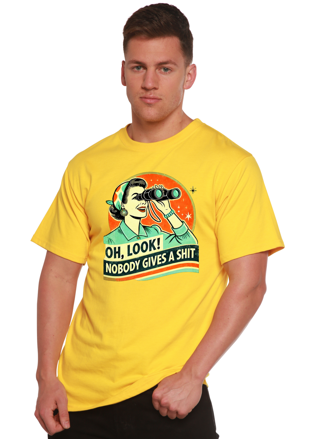 Unisex bamboo cotton graphic T-shirt featuring retro funny woman design by Spun Bamboo, with bold print on front.