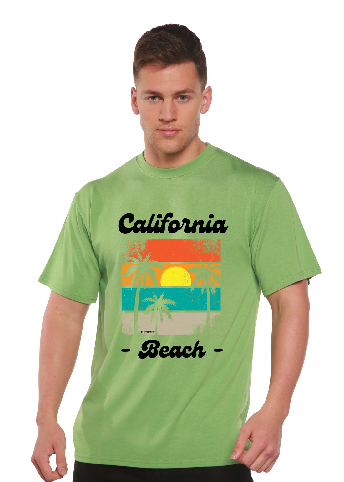 Spun Bamboo California Beach unisex graphic T-shirt with short sleeves, bamboo viscose and organic cotton, featuring a beach-themed print.
