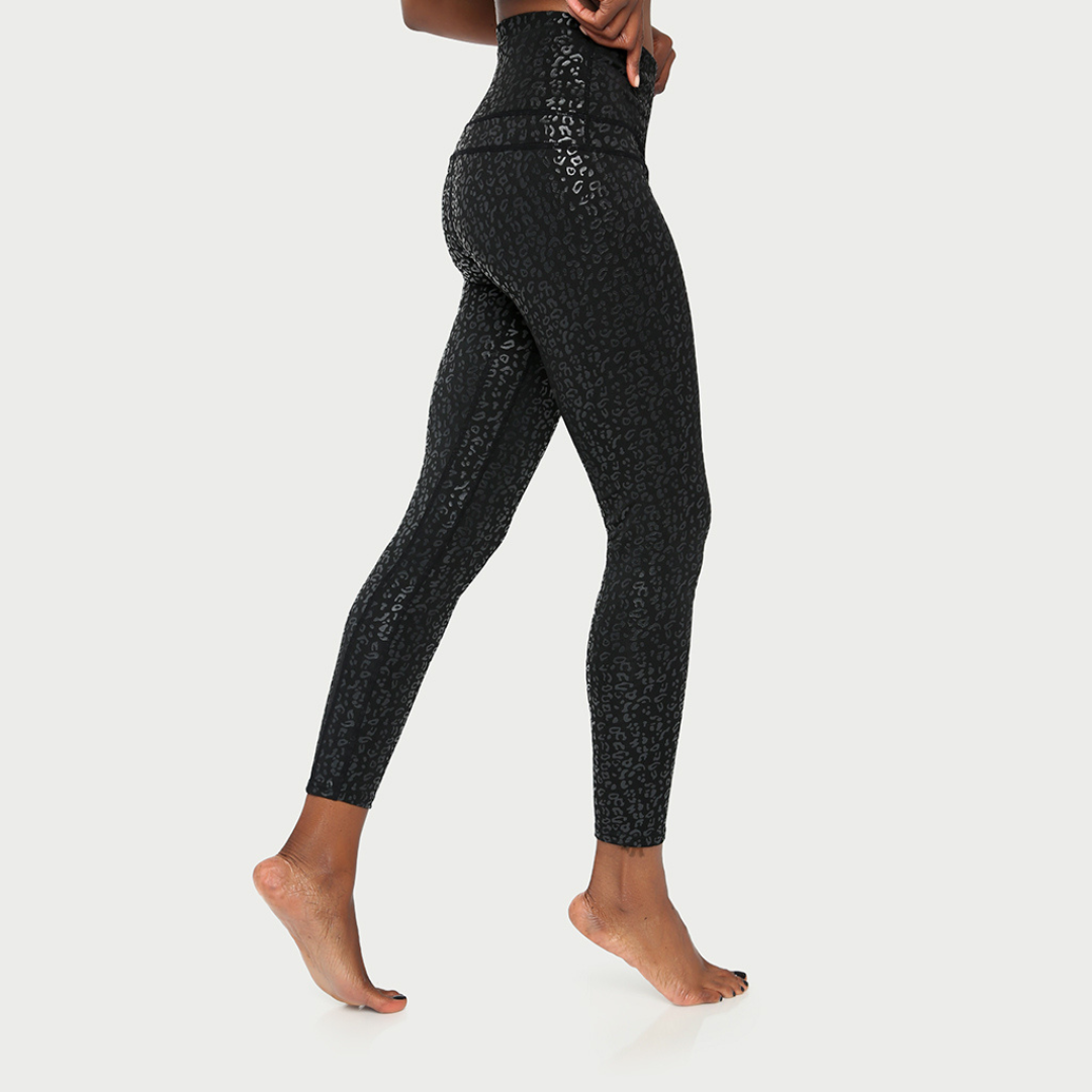 Metallic cheetah print active leggings from Fitkitty Culture, designed for yoga and workout wear, with a sleek, shiny finish.