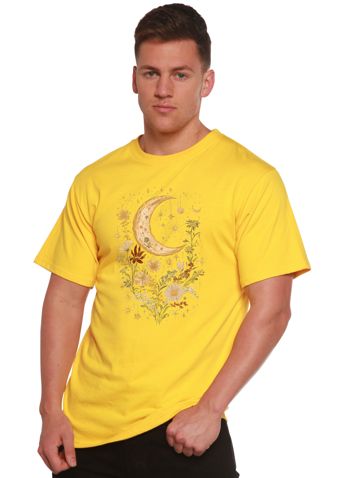 Unisex bamboo cotton graphic t-shirt with celestial moon, boho flowers, and vintage design by Spun Bamboo.