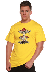 Unisex bamboo and cotton boho retro hippie mushrooms graphic T-shirt by Spun Bamboo, featuring colorful mushroom print design.