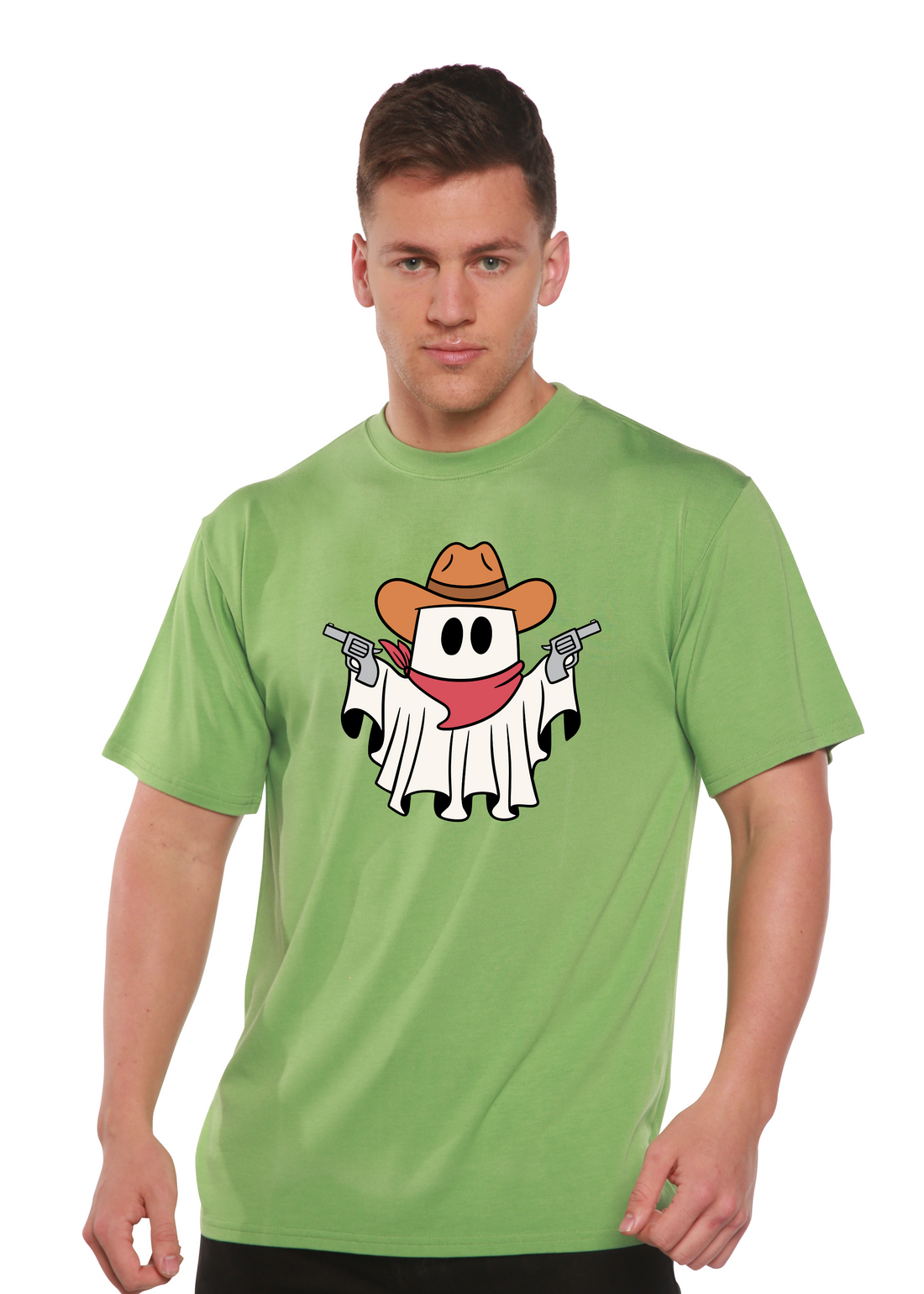 Spun Bamboo cowboy ghost unisex graphic t-shirt featuring a printed cowboy ghost design on bamboo-viscose organic cotton short sleeve shirt