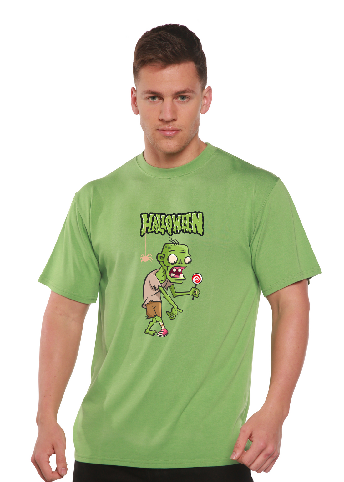 Unisex green monster Halloween graphic T-shirt by Spun Bamboo, short sleeve, made from bamboo viscose and organic cotton.