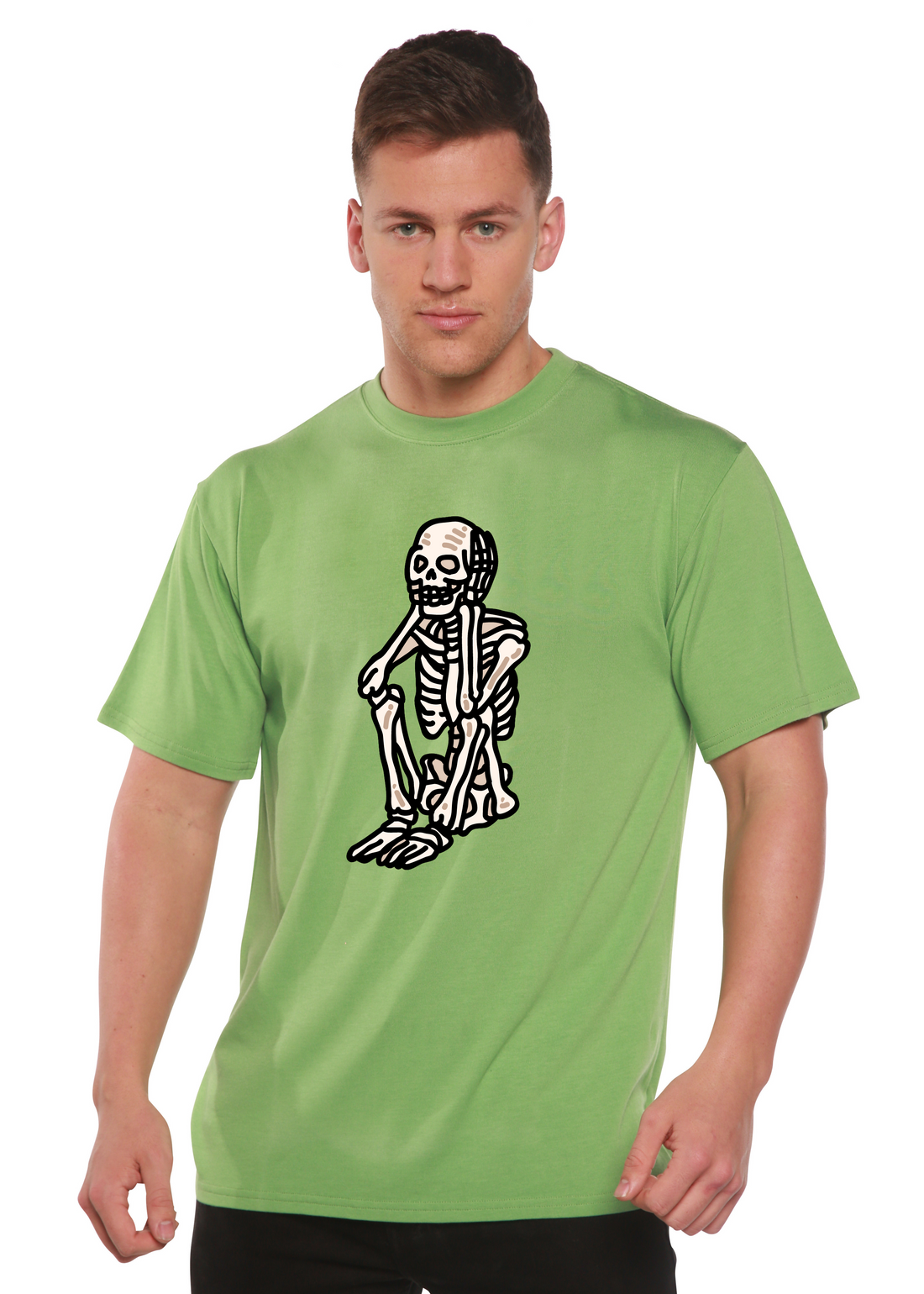 Sad skeleton Halloween unisex graphic T-shirt by Spun Bamboo, short sleeve shirt with spooky skeleton print in bamboo viscose and organic cotton.