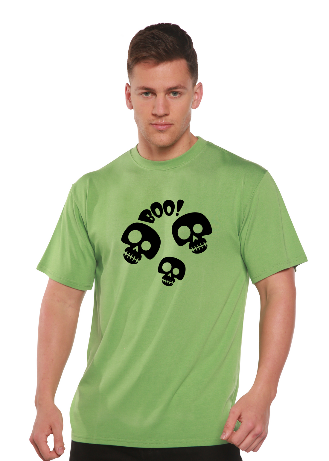 Spun Bamboo Halloween Boo unisex bamboo viscose cotton short sleeve graphic T-shirt with spooky Halloween design on black background.