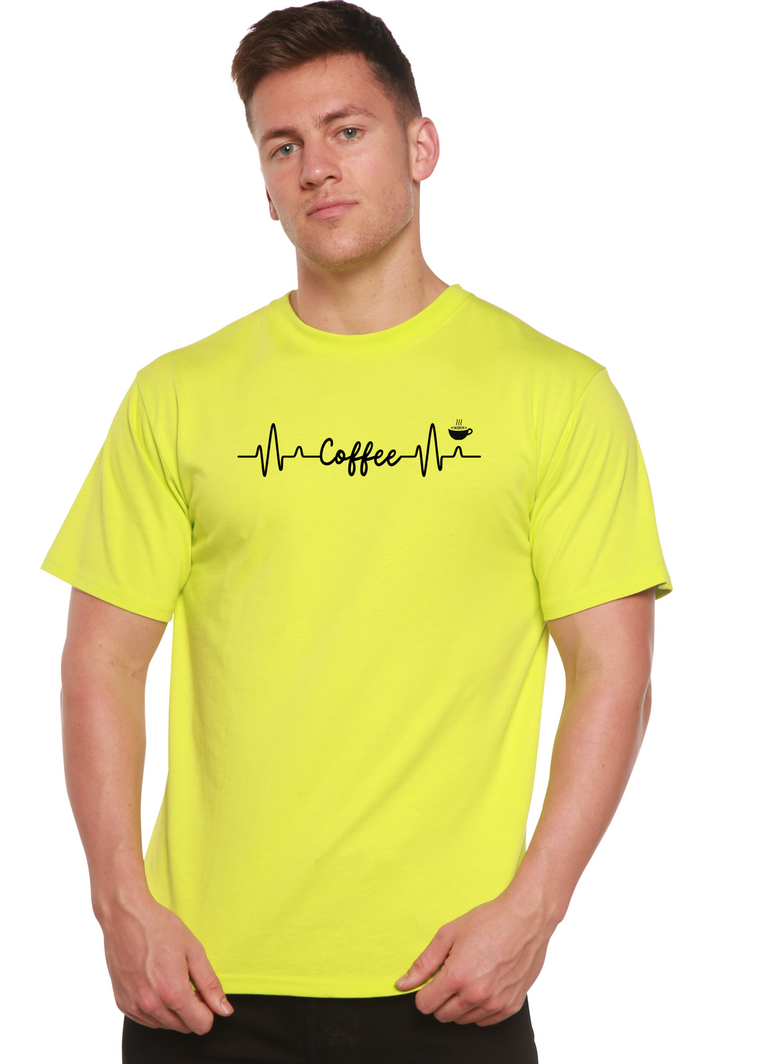 Unisex Heartbeat Coffee graphic t-shirt by Spun Bamboo featuring a printed bamboo and cotton fabric design.