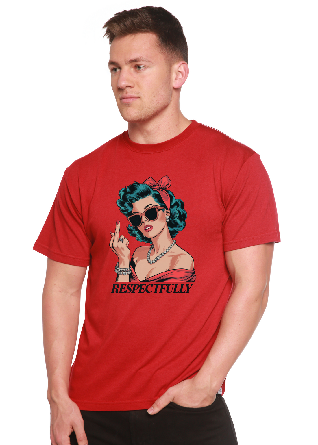 Unisex bamboo and cotton graphic T-shirt featuring a respectful middle finger design, by Spun Bamboo, mens printed tee.
