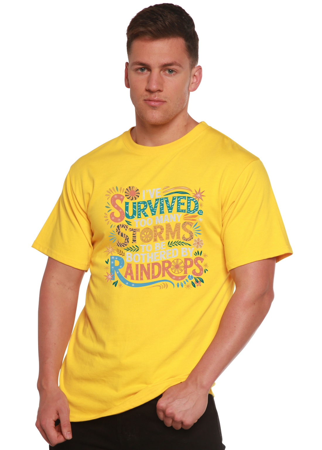Unisex bamboo cotton graphic t-shirt by Spun Bamboo with storm survival quote, mens printed t-shirt, casual streetwear style