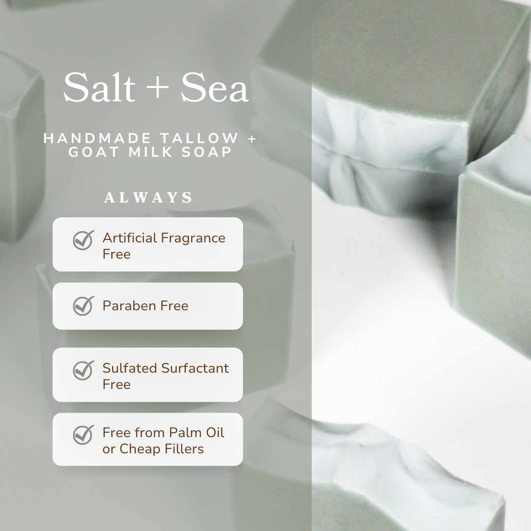 Handmade Salt + Sea Bar soap by Pretty Farm Girl featuring tallow and goat milk, with a rustic, natural soap bar appearance.