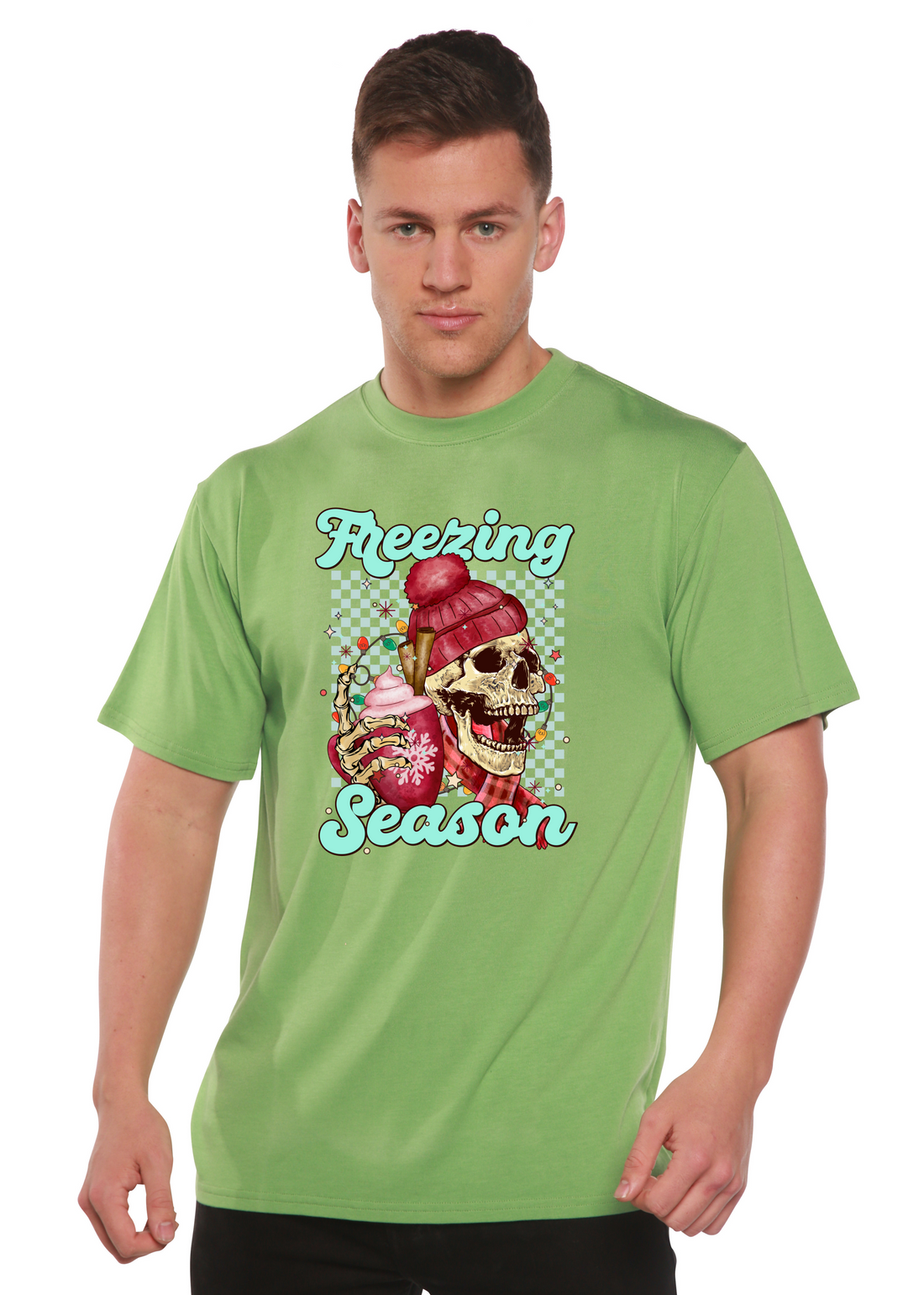 Unisex Freezing Season bamboo Viscose organic cotton short sleeve graphic T-shirt by Spun Bamboo, featuring a colorful printed design.
