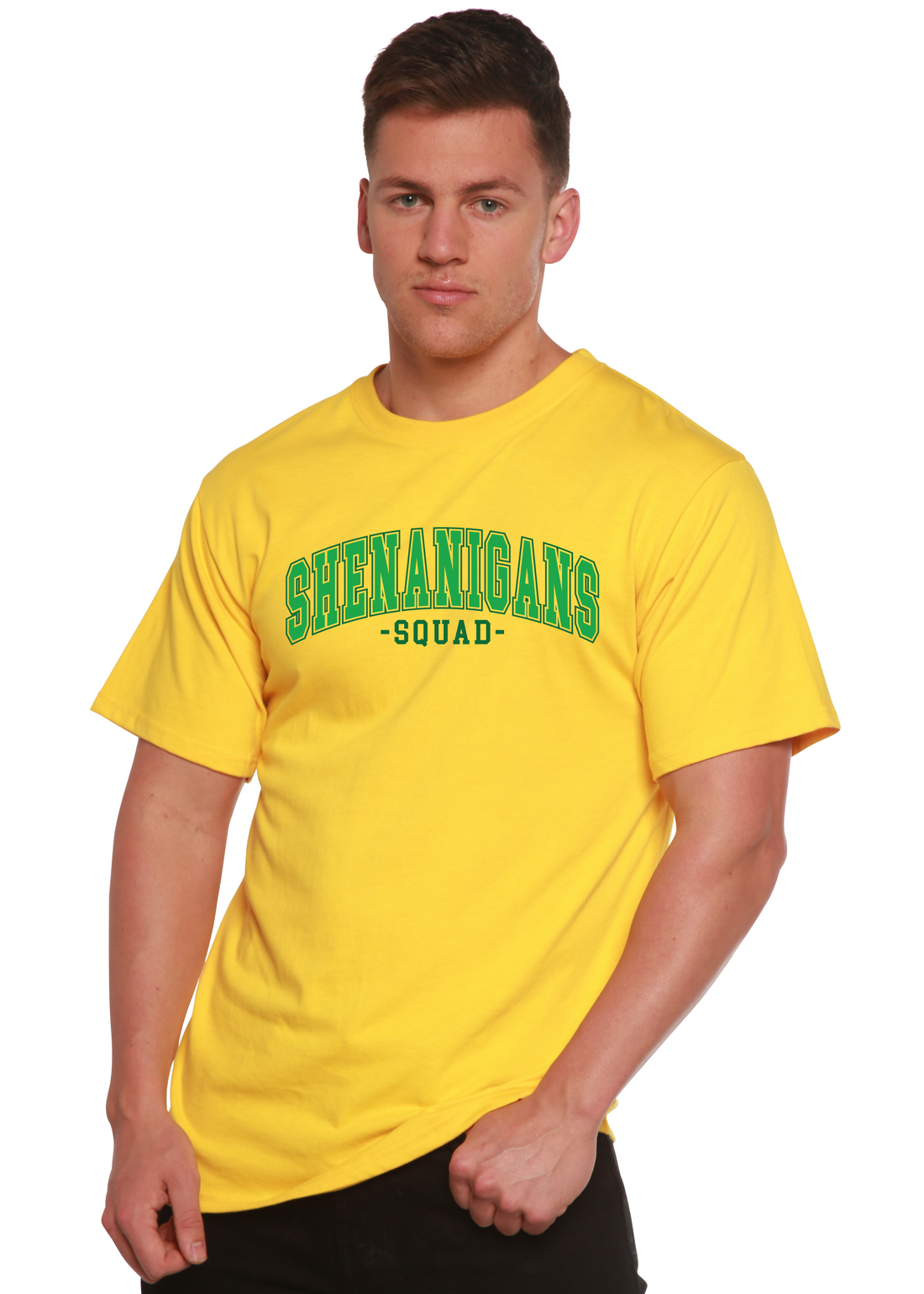 Unisex bamboo and cotton graphic T-shirt featuring the Shenanigans Squad design, mens printed T-shirt by Spun Bamboo.