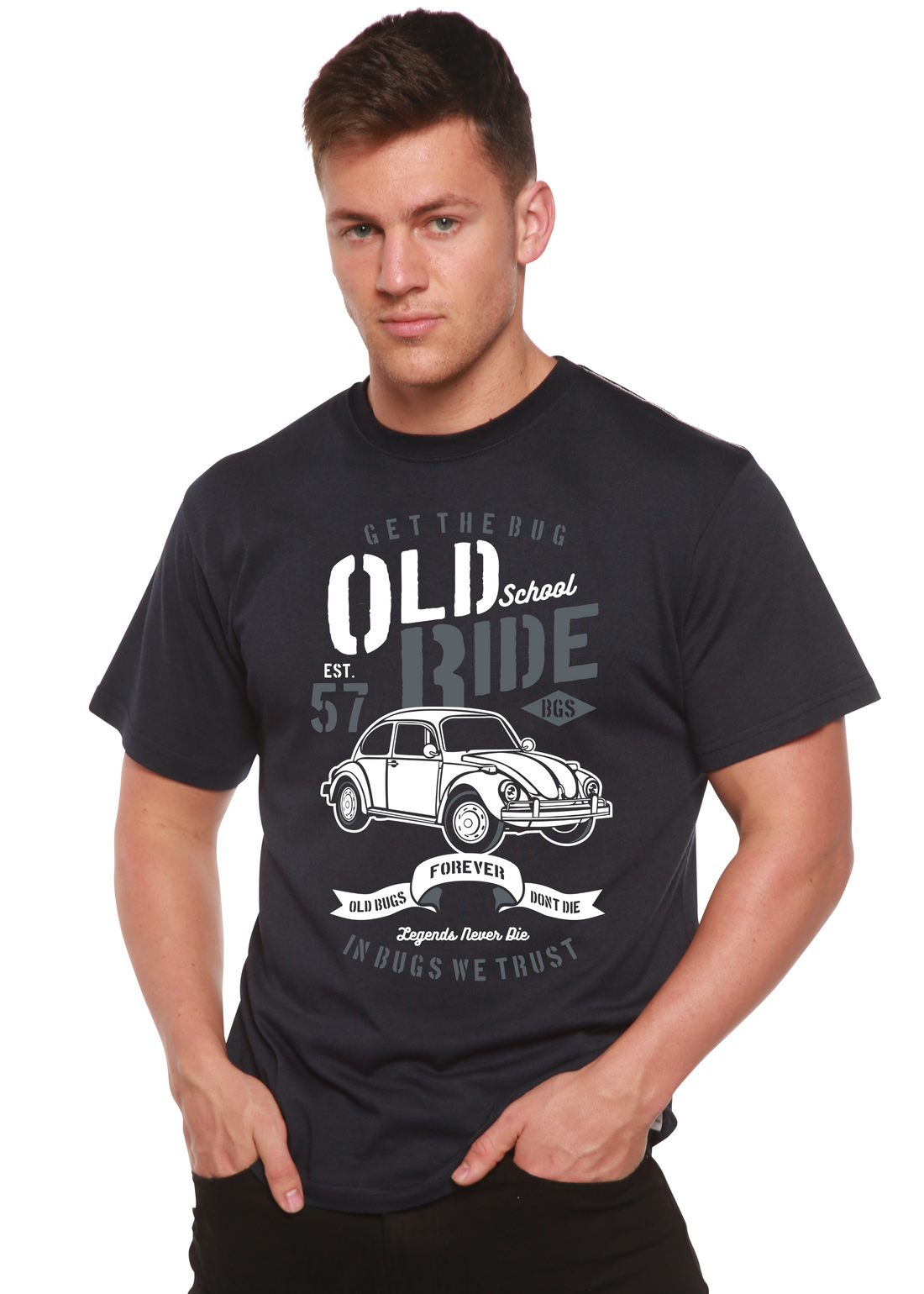 Mens Old School Ride Spun Bamboo graphic T-shirt featuring a colorful vintage motorcycle print on bamboo viscose and organic cotton fabric.