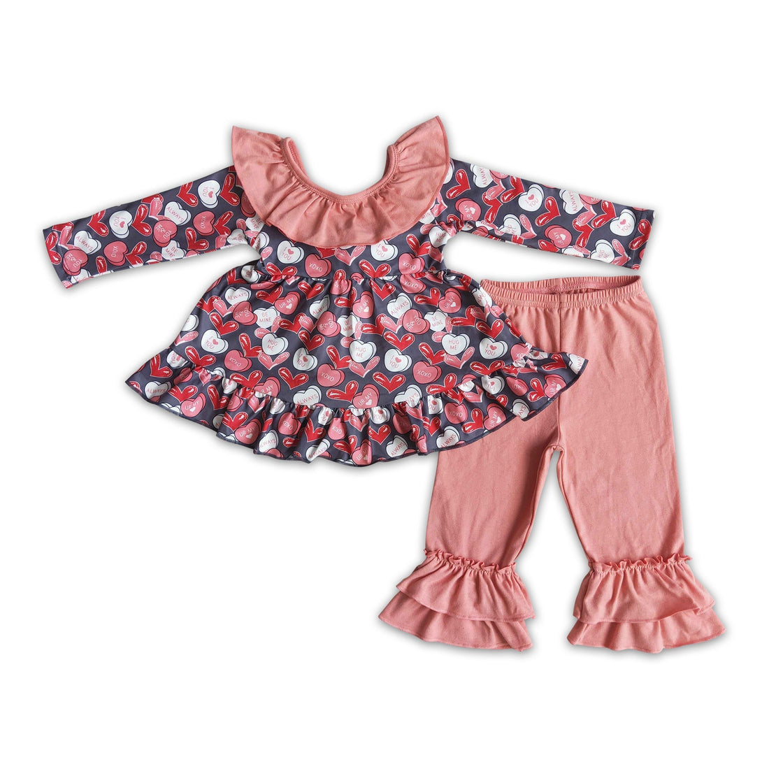 Heart print backless tunic ruffle pants kids girls Valentine&