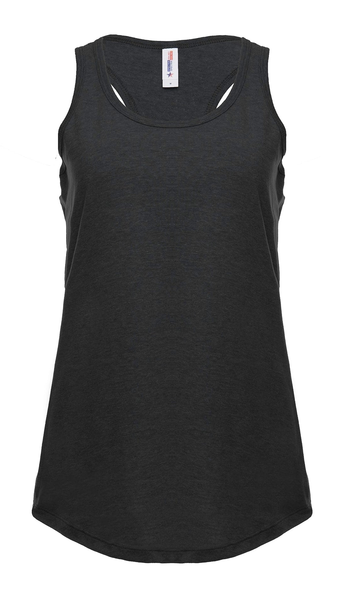 Women’s charcoal heather racer back tank top by SpectraUSA, front view showing sleeveless design and comfortable fit.