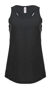 Women’s charcoal heather racer back tank top by SpectraUSA, front view showing sleeveless design and comfortable fit.