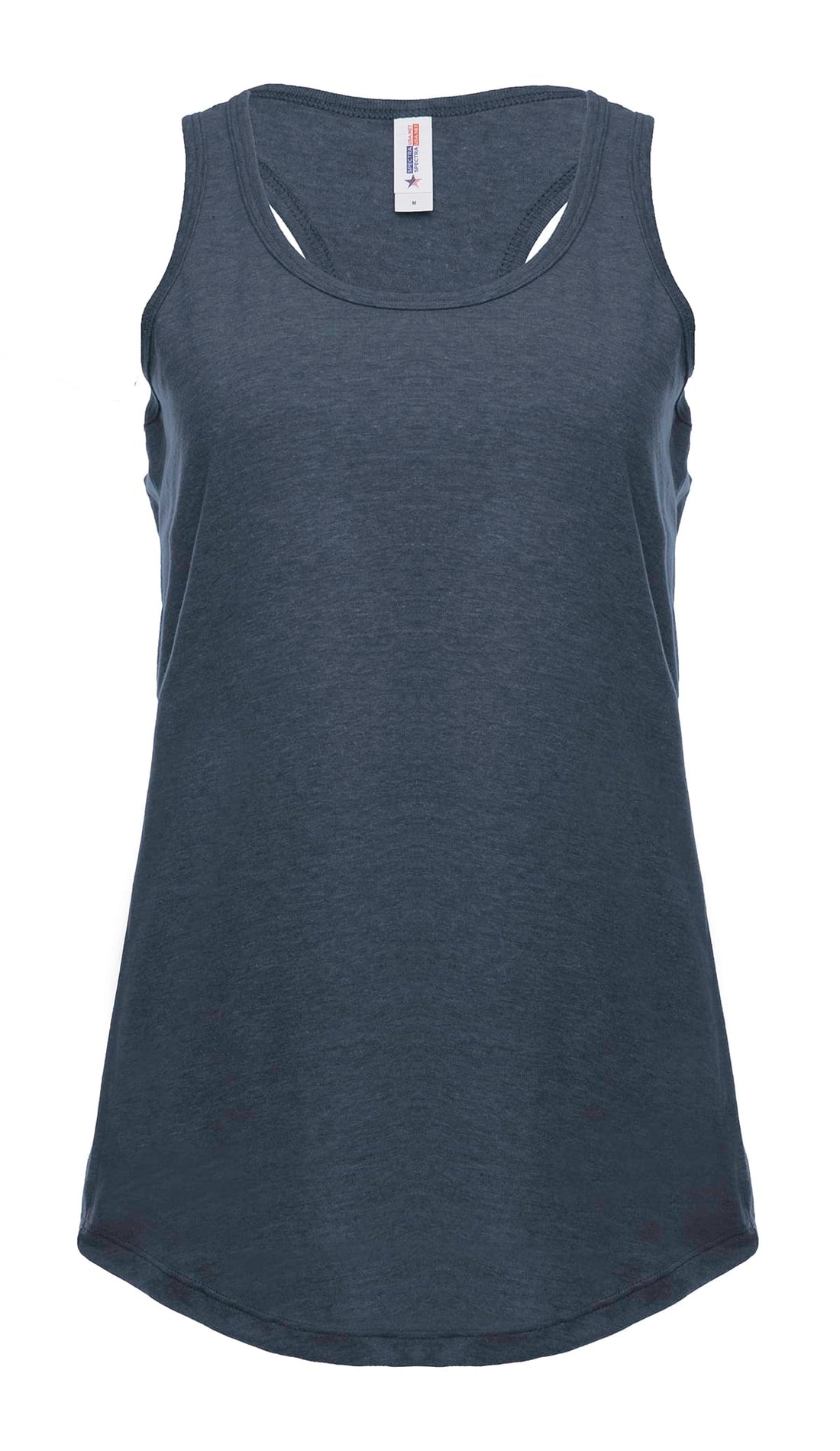 Navy Heather women’s racer back tank top by SpectraUSA, front view showing soft fabric and stylish fit.