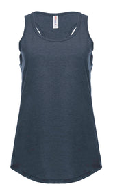 Navy Heather women’s racer back tank top by SpectraUSA, front view showing soft fabric and stylish fit.