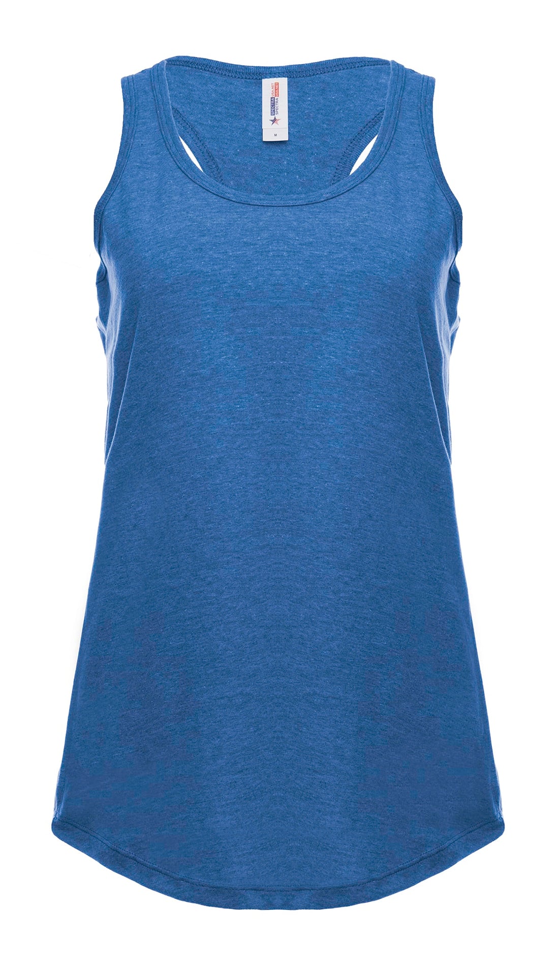 Women’s racer back tank top in royal heather by SpectraUSA, front view highlighting its fit and soft fabric.