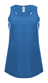 Women’s racer back tank top in royal heather by SpectraUSA, front view highlighting its fit and soft fabric.