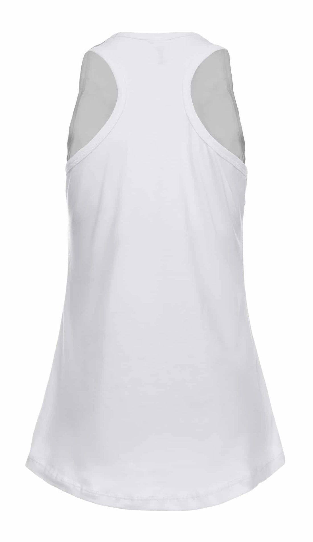 White women’s racer back tank top by SpectraUSA, featuring a fitted design and sleeveless style for active wear.