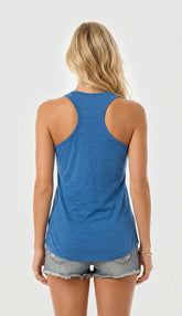 Women’s blue racer back tank top by SpectraUSA, featuring a fitted design and sleeveless style for active wear.