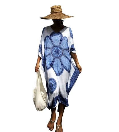 Rayon Positioning Floral Loose Long Beach Cover-up Robe Dress Vacation Clothes