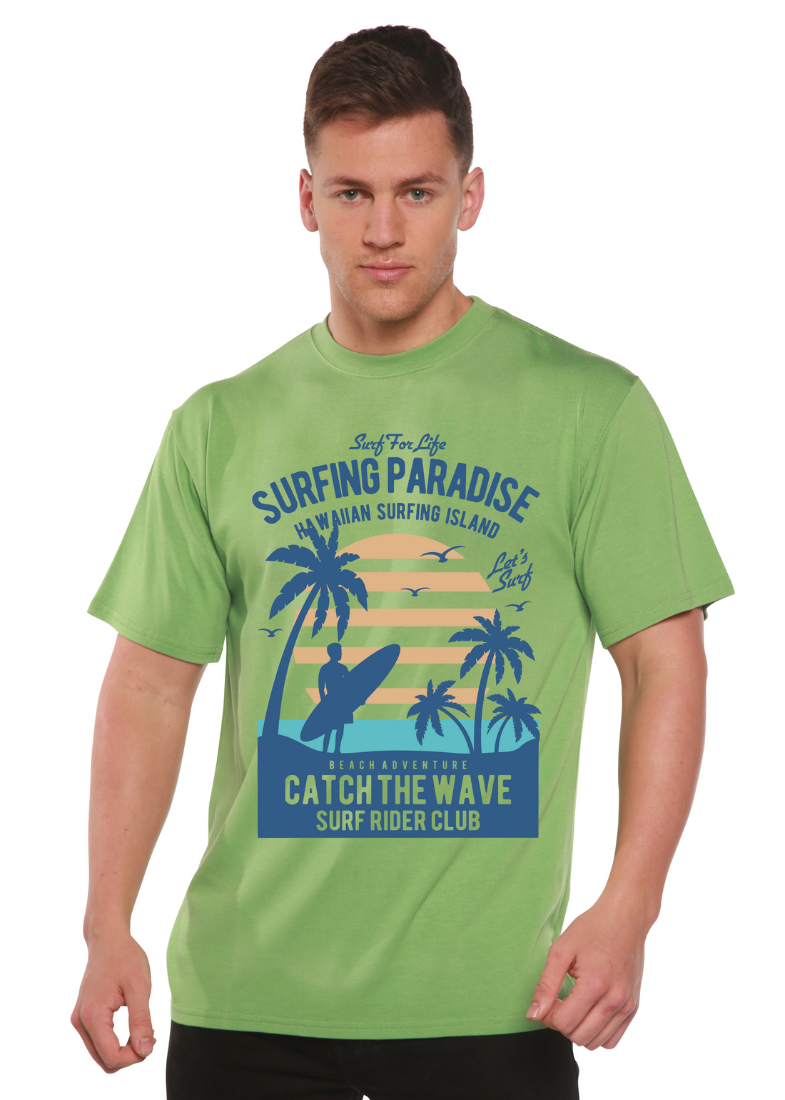 Mens Surfing Paradis Spun Bamboo graphic T-shirt with vibrant print, made from bamboo viscose and organic cotton, short sleeve.