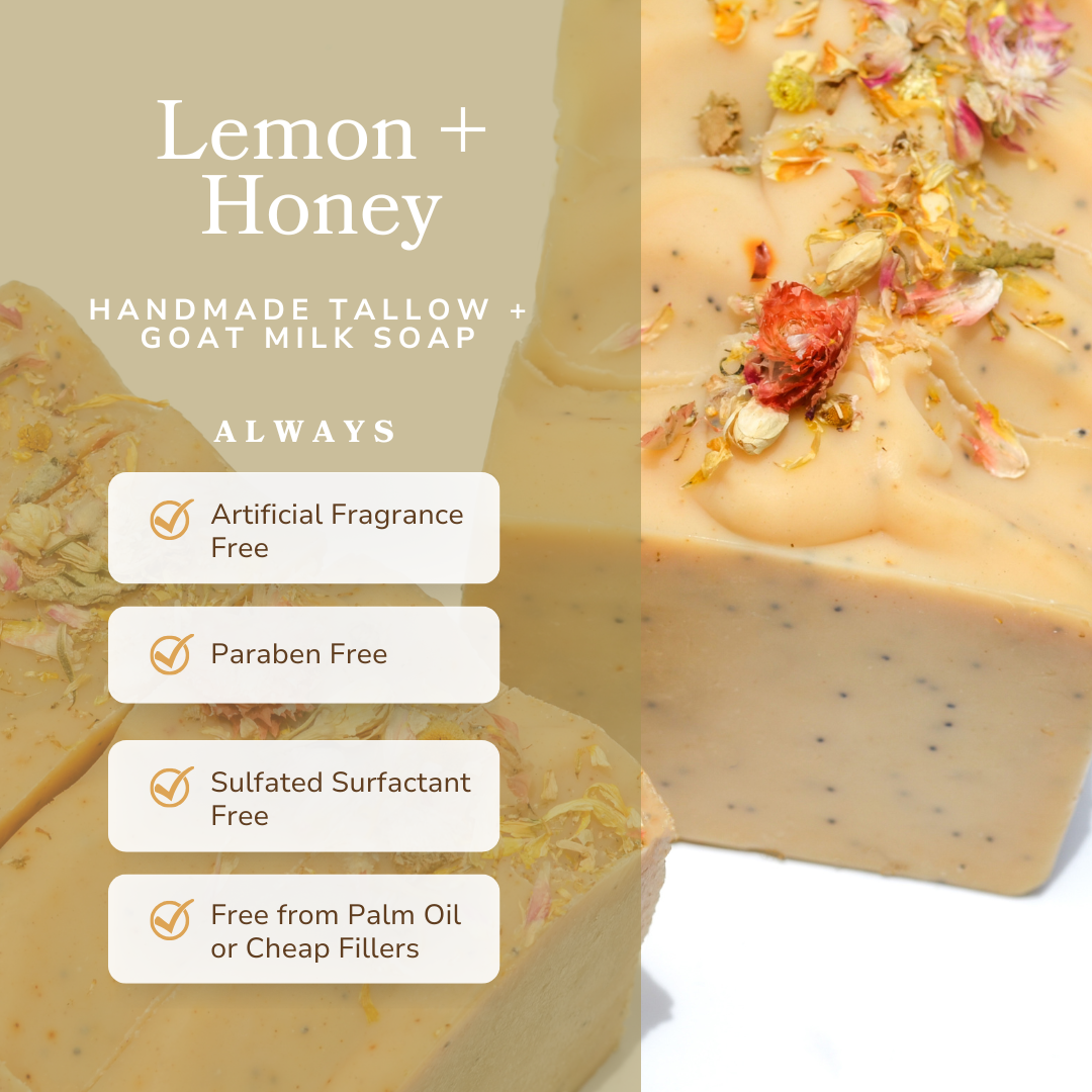 Handmade lemon, honey, and poppy seed goat milk soap bar by Pretty Farm Girl, showing a rustic, natural soap with textured surface