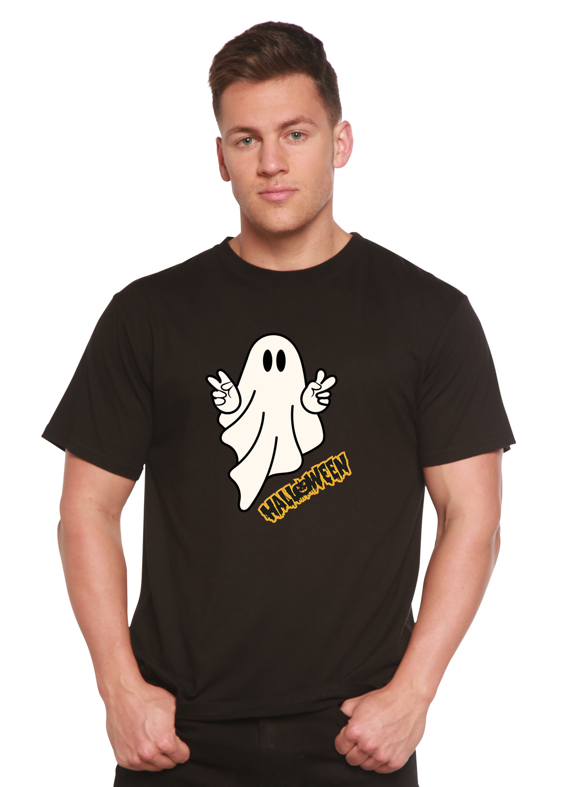 Unisex Halloween ghost graphic T-shirt by Spun Bamboo, short sleeve, organic cotton and bamboo viscose fabric, casual men&