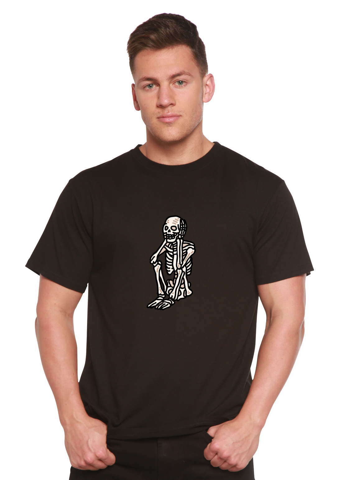 Unisex Sad Skeleton Halloween graphic T-shirt by Spun Bamboo, short sleeve design with spooky skeleton print in organic cotton and bamboo viscose