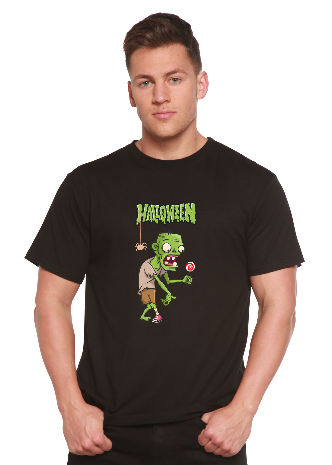 Green monster Halloween graphic t-shirt for men by Spun Bamboo, made from bamboo viscose and organic cotton, short sleeve design