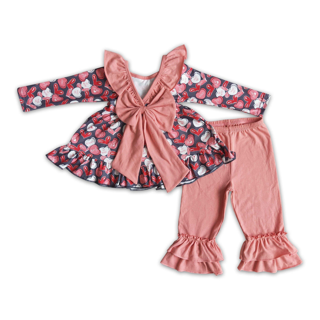 Heart print backless tunic ruffle pants kids girls Valentine&