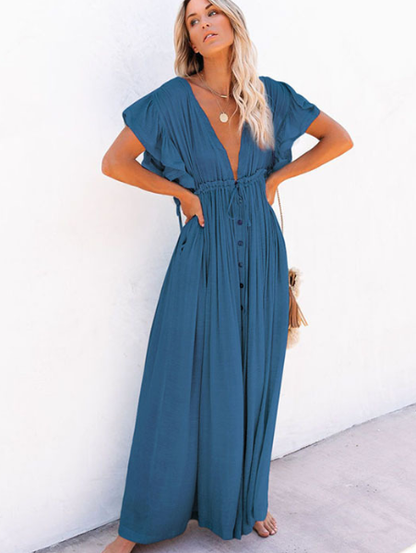 Single Breasted Waist Pull-Belt Beach Cover-up Sexy Backless Holiday Skirt Bikini Swimsuit Blouse