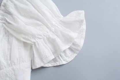 Vintage Court Sexy Tube Top Lace up Slim Fit Slimming White Puff Short Sleeve Eyelet Embroidery Dress for Women
