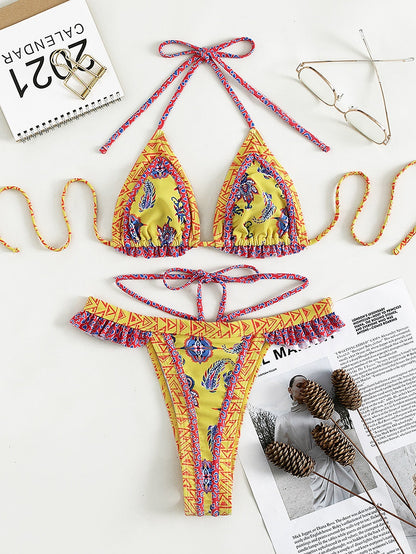 Halter Swimsuit Yellow Banded Bikini Bijini Three-Point Swimsuit