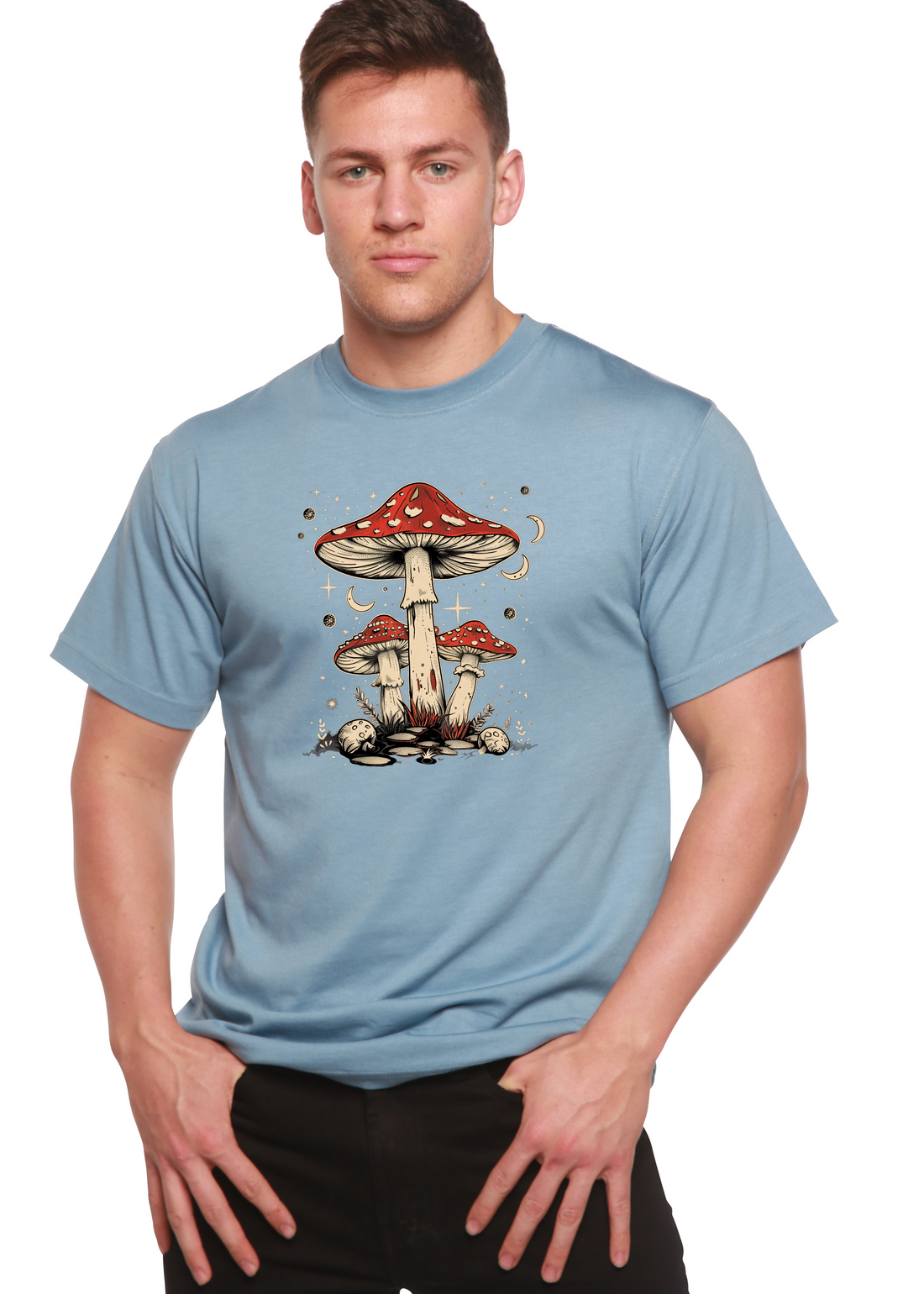 Mens printed Boho retro hippie mushrooms graphic T-shirt by Spun Bamboo, featuring natural bamboo and cotton fabric with colorful mushroom design.