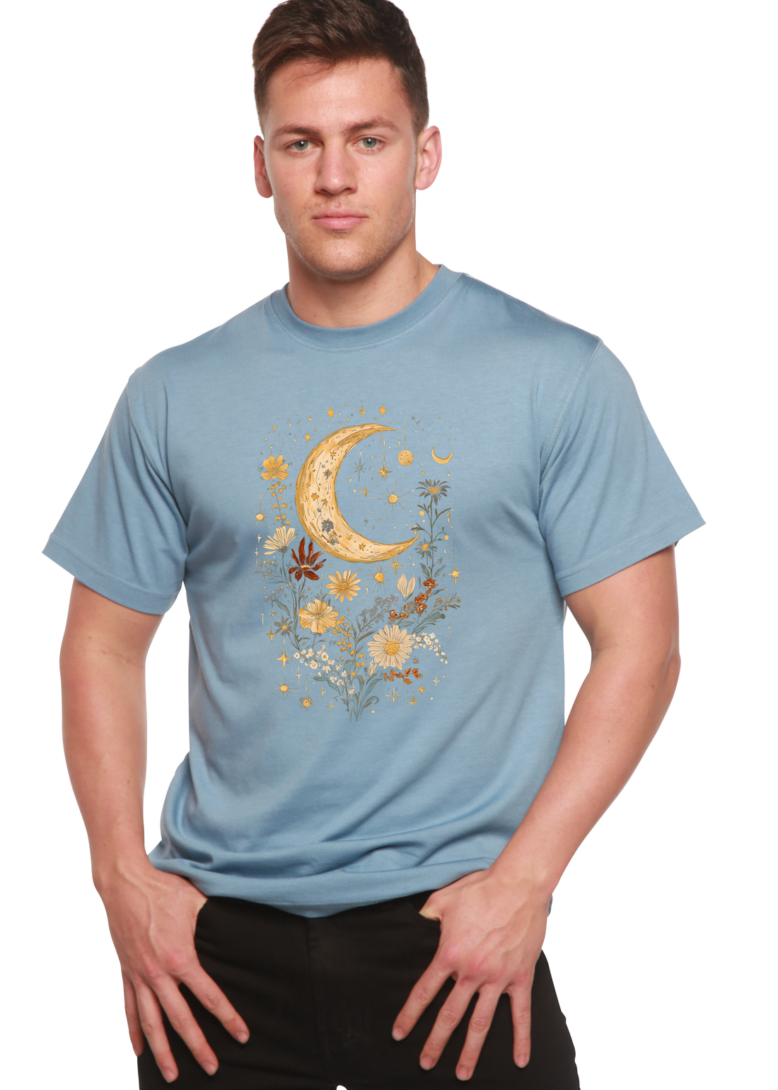 Unisex Spun Bamboo graphic T-shirt featuring celestial moon, boho flowers, vintage design, made from bamboo and cotton fabric.