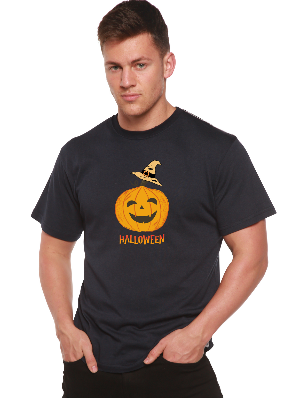 Unisex Halloween Pumpkin graphic T-shirt made of bamboo viscose and organic cotton by Spun Bamboo, short sleeve with printed design.