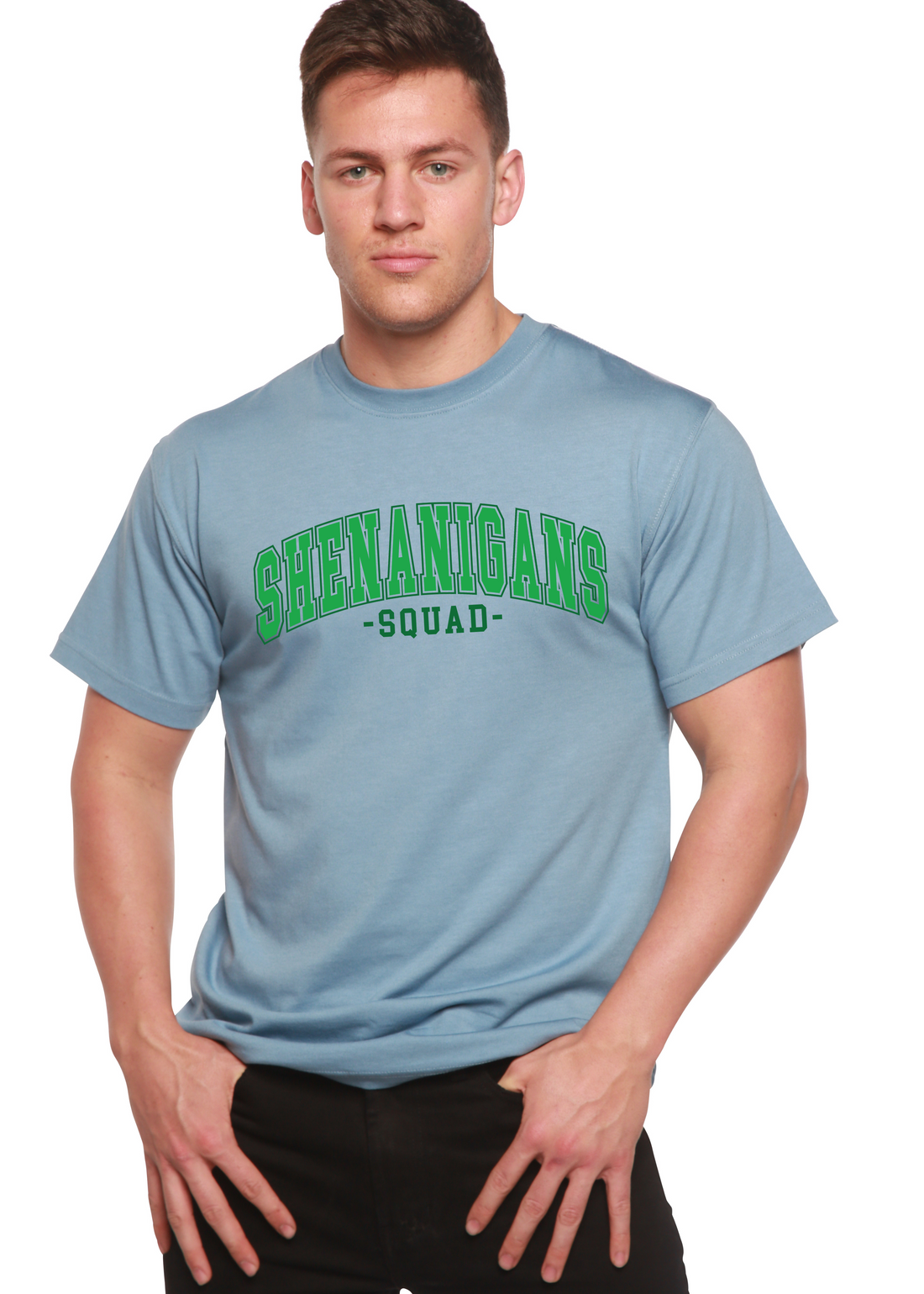 Spun Bamboo Shenanigans Squad unisex bamboo and cotton graphic T-shirt with printed design, casual mens fashion tee.