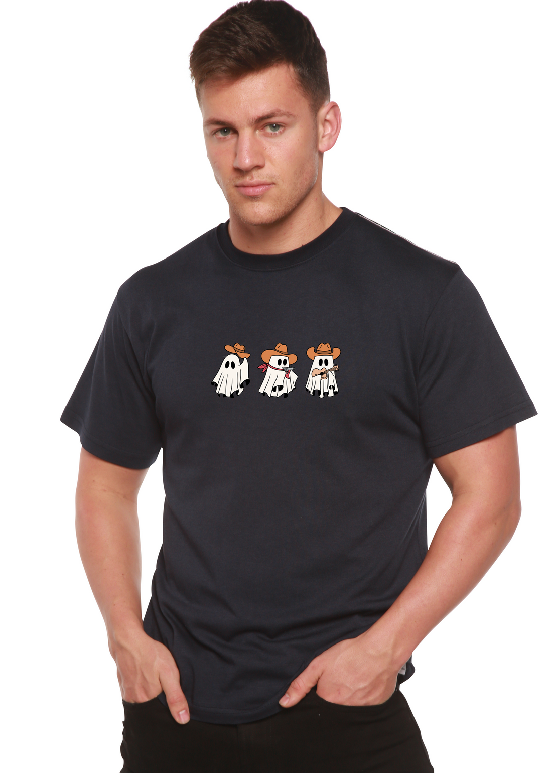 Unisex Cowboy Ghosts graphic T-shirt by Spun Bamboo featuring a printed cowboy ghost design on bamboo viscose organic cotton fabric.