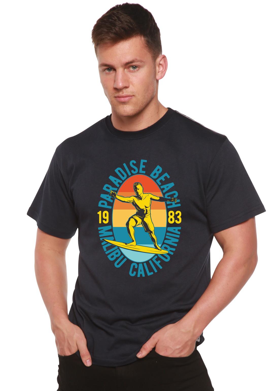 Mens Paradise Beach 1983 graphic T-shirt by Spun Bamboo featuring bamboo viscose and organic cotton in a short sleeve design.