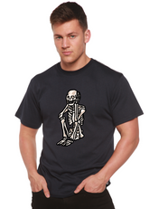 Mens printed T-shirt by Spun Bamboo featuring a sad skeleton graphic on organic cotton and bamboo viscose fabric.