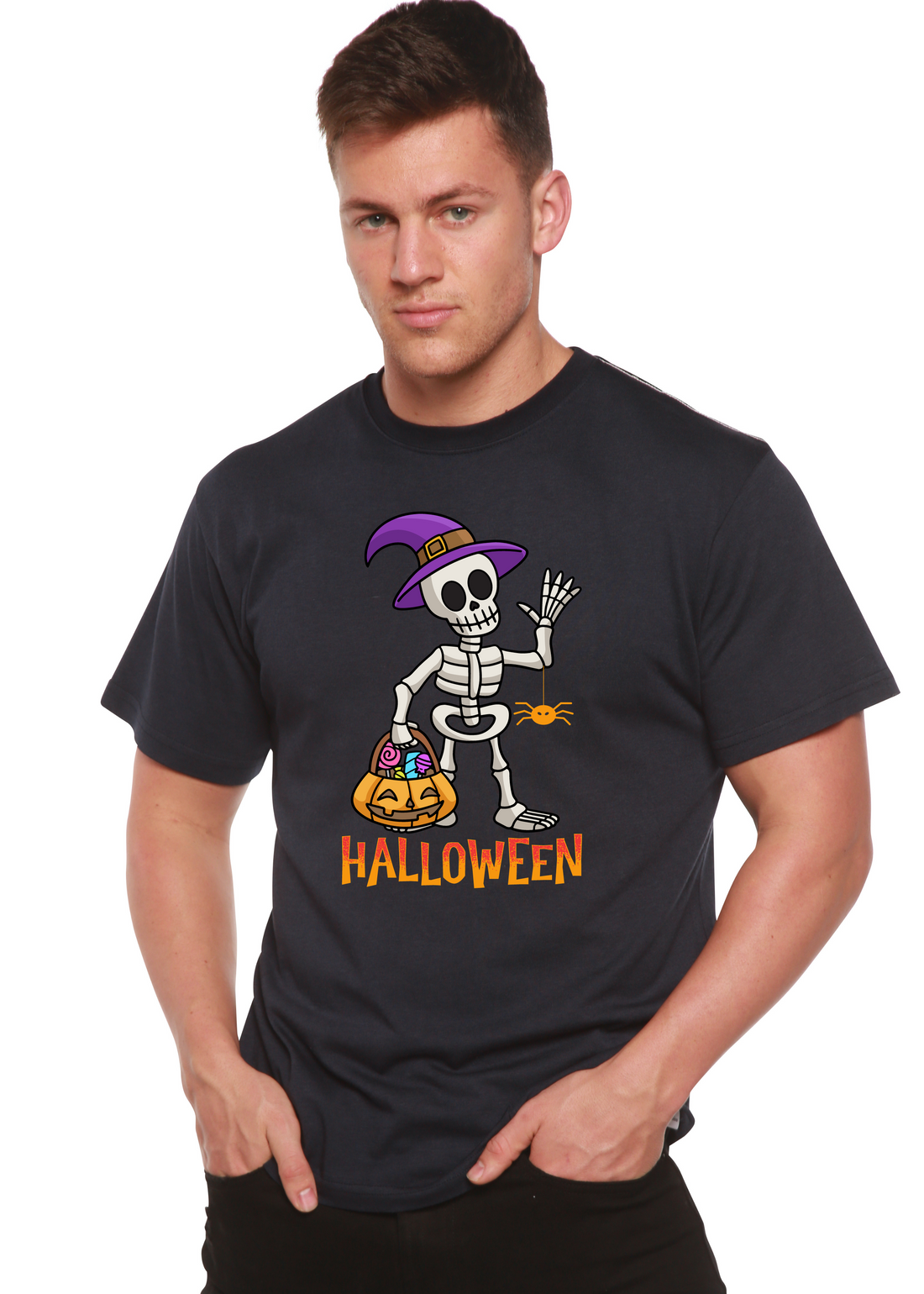Unisex Happy Halloween graphic T-shirt by Spun Bamboo, short sleeve, bamboo viscose and organic cotton, with Halloween print design.