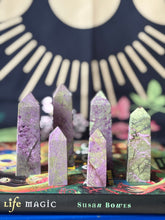 Evermore Everlasting Atlantisite Stichtite crystal tower with rich green and purple hues, polished stone shape, and intricate natural patterns.