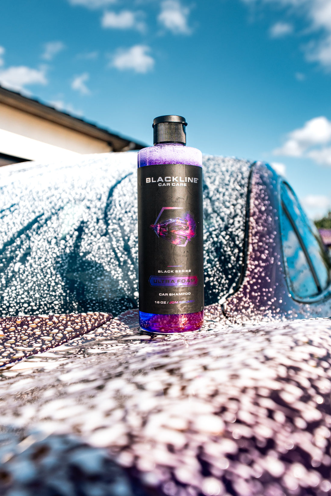 Blackline Car Care BLACKLINE® Ultra Foam car shampoo bottle with foam dispenser and sleek black design.