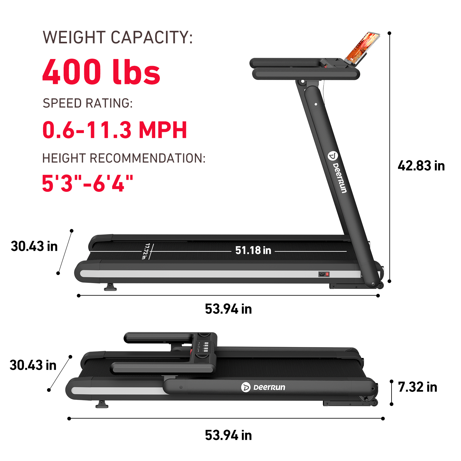DeerRun X20 Incline Home Treadmill with 15% Auto Incline &amp; Full Running Deck | 400 lbs, 11.3 mph