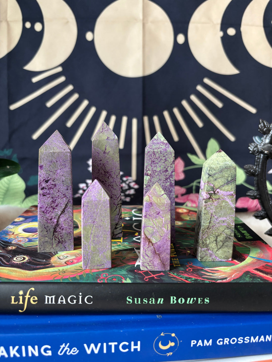 Evermore Everlasting Atlantisite Stichtite crystal tower showcasing vibrant green and purple mineral formations.