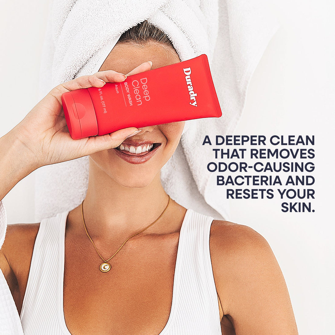 Duradry Active Body Set with deep cleanser, featuring bottles of body wash and skincare products for active lifestyles.
