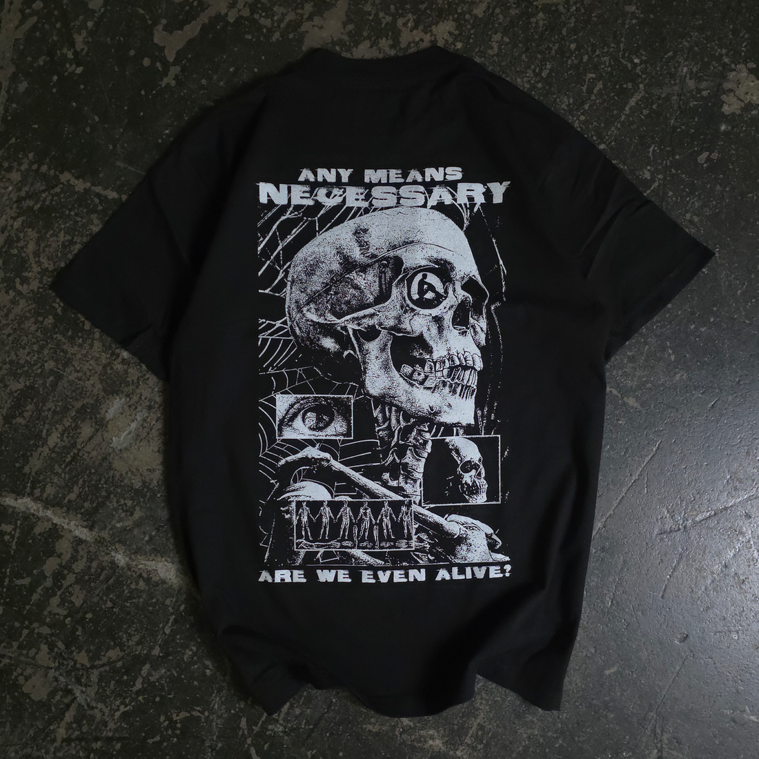 Black "Are We Even Alive" T-shirt from Any Means Necessary Clothing, showing the back design and fit of the casual shirt.
