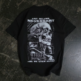 Black "Are We Even Alive" T-shirt from Any Means Necessary Clothing, showing the back design and fit of the casual shirt.